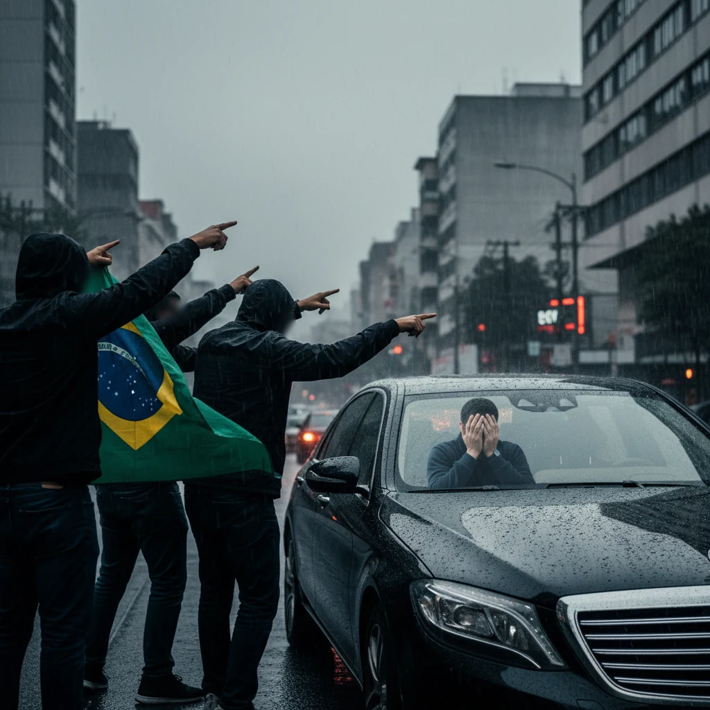 Cobertura jornalística de evento histórico do blockchain no Brasil - cena documental em rua molhada sob chuva