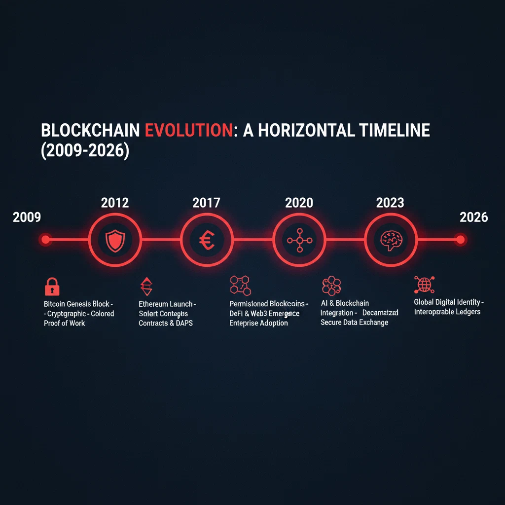Linha do tempo visual da evolução do blockchain de 2009 a 2026
